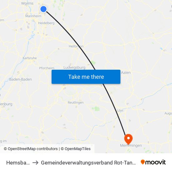 Hemsbach to Gemeindeverwaltungsverband Rot-Tannheim map