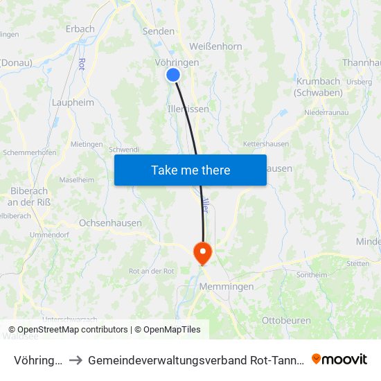 Vöhringen to Gemeindeverwaltungsverband Rot-Tannheim map