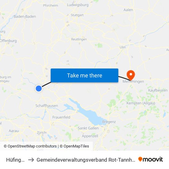 Hüfingen to Gemeindeverwaltungsverband Rot-Tannheim map