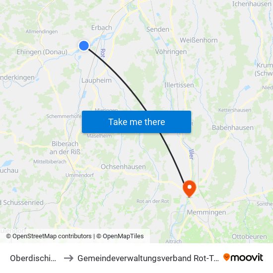 Oberdischingen to Gemeindeverwaltungsverband Rot-Tannheim map