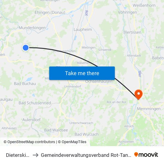 Dieterskirch to Gemeindeverwaltungsverband Rot-Tannheim map