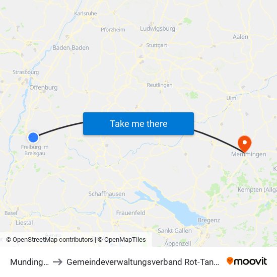 Mundingen to Gemeindeverwaltungsverband Rot-Tannheim map