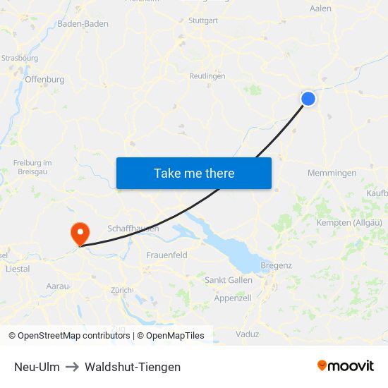 Neu-Ulm to Waldshut-Tiengen map