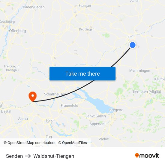 Senden to Waldshut-Tiengen map