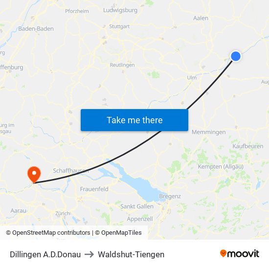 Dillingen A.D.Donau to Waldshut-Tiengen map