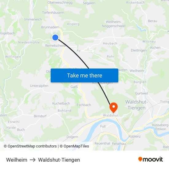 Weilheim to Waldshut-Tiengen map