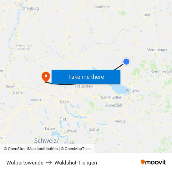 Wolpertswende to Waldshut-Tiengen map