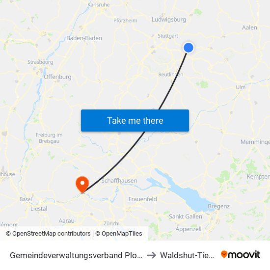 Gemeindeverwaltungsverband Plochingen to Waldshut-Tiengen map