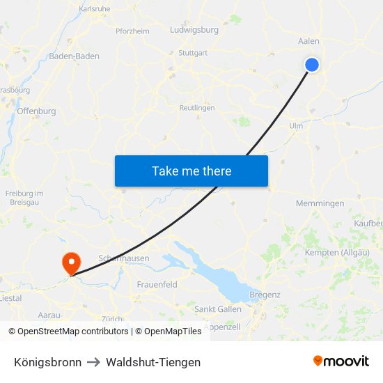 Königsbronn to Waldshut-Tiengen map