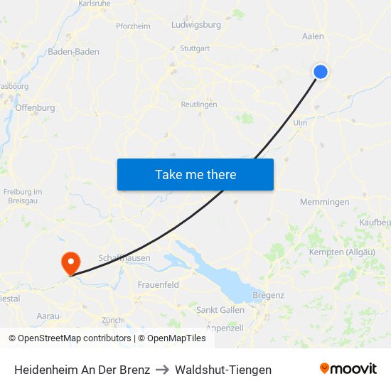 Heidenheim An Der Brenz to Waldshut-Tiengen map