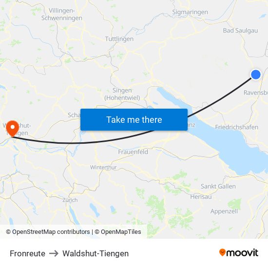 Fronreute to Waldshut-Tiengen map