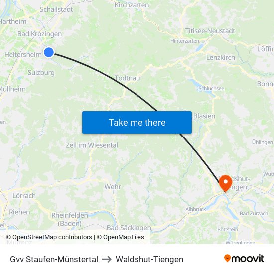 Gvv Staufen-Münstertal to Waldshut-Tiengen map