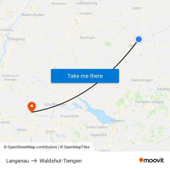 Langenau to Waldshut-Tiengen map