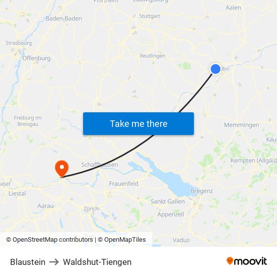 Blaustein to Waldshut-Tiengen map