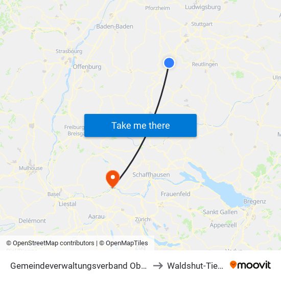 Gemeindeverwaltungsverband Oberes Gäu to Waldshut-Tiengen map