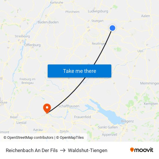 Reichenbach An Der Fils to Waldshut-Tiengen map