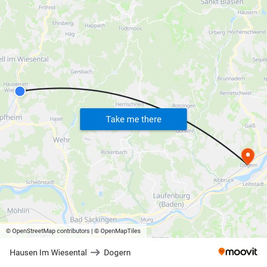 Hausen Im Wiesental to Dogern map