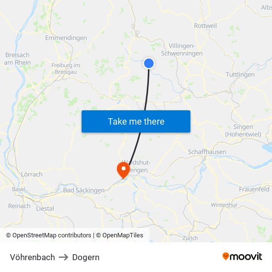 Vöhrenbach to Dogern map