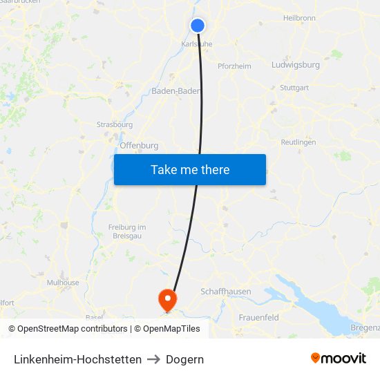 Linkenheim-Hochstetten to Dogern map