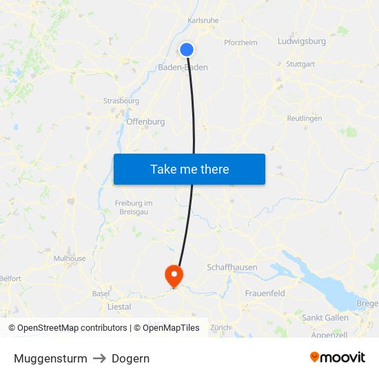 Muggensturm to Dogern map