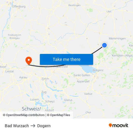 Bad Wurzach to Dogern map