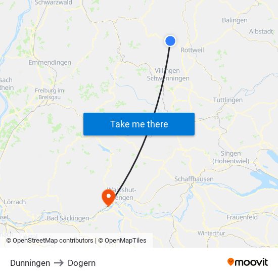 Dunningen to Dogern map