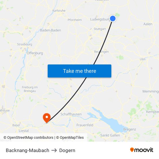 Backnang-Maubach to Dogern map