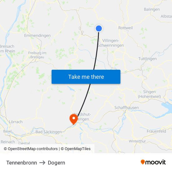 Tennenbronn to Dogern map