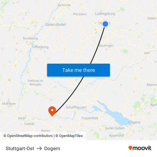 Stuttgart-Ost to Dogern map