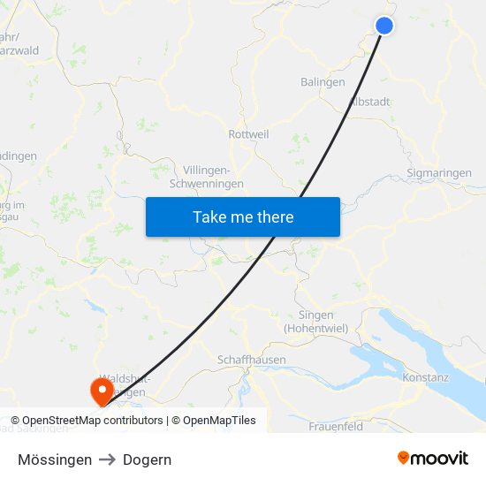 Mössingen to Dogern map
