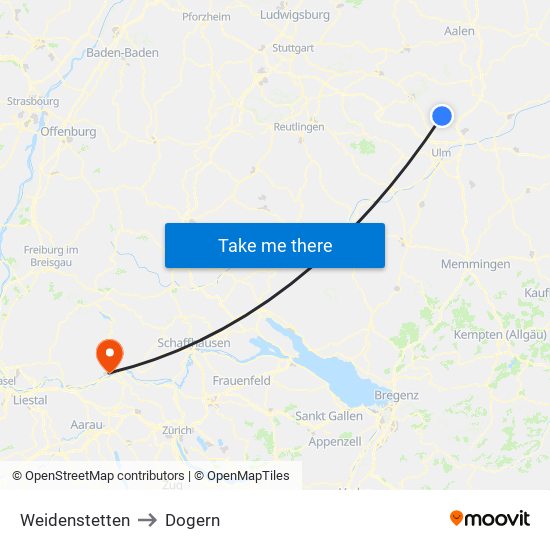 Weidenstetten to Dogern map