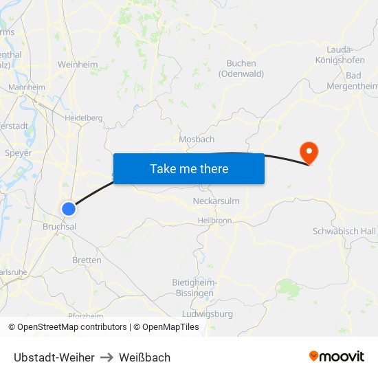 Ubstadt-Weiher to Weißbach map