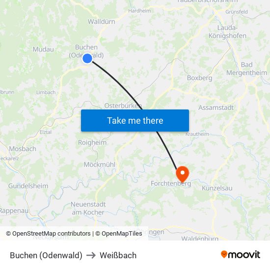 Buchen (Odenwald) to Weißbach map