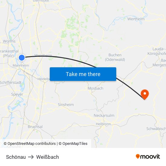 Schönau to Weißbach map