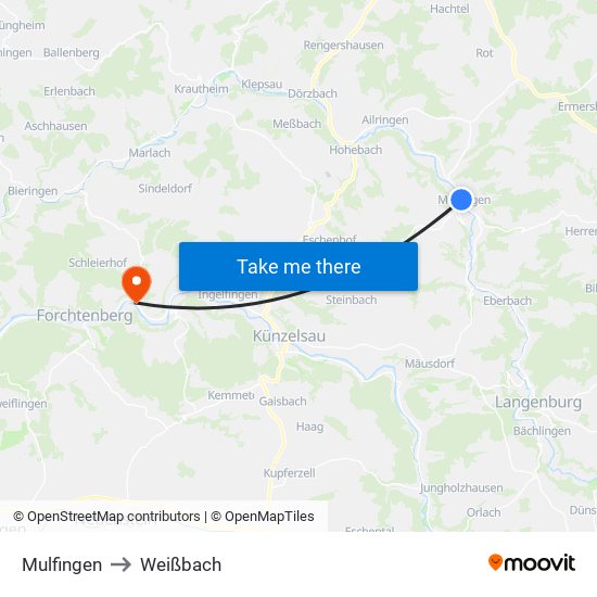 Mulfingen to Weißbach map