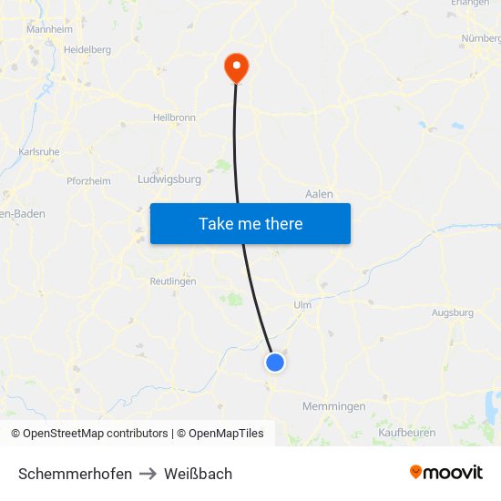 Schemmerhofen to Weißbach map