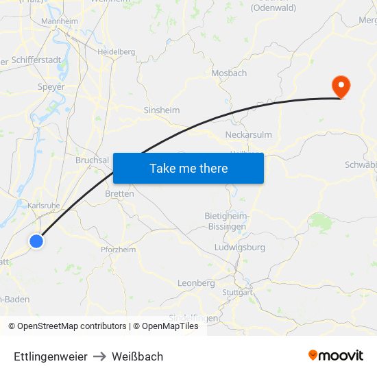 Ettlingenweier to Weißbach map