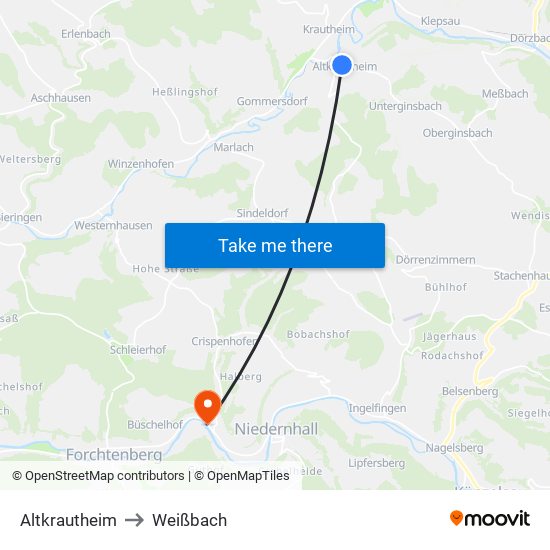 Altkrautheim to Weißbach map