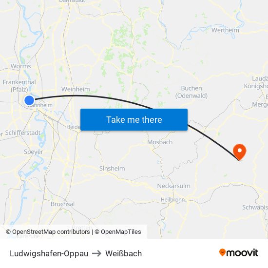 Ludwigshafen-Oppau to Weißbach map