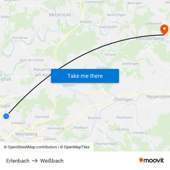 Erlenbach to Weißbach map