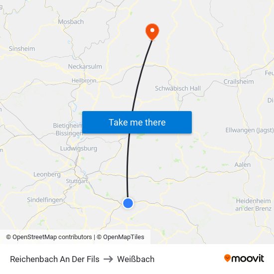 Reichenbach An Der Fils to Weißbach map