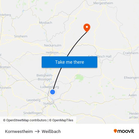 Kornwestheim to Weißbach map