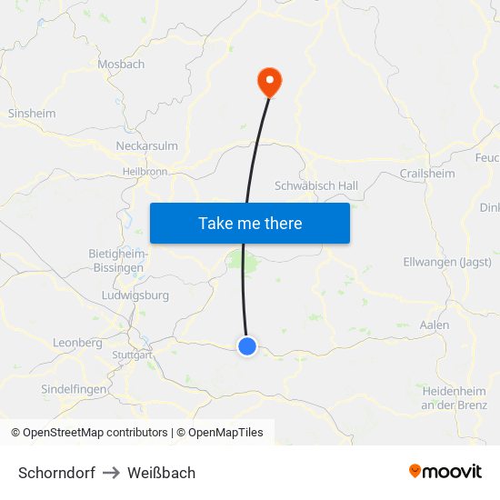 Schorndorf to Weißbach map