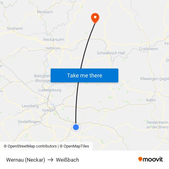 Wernau (Neckar) to Weißbach map