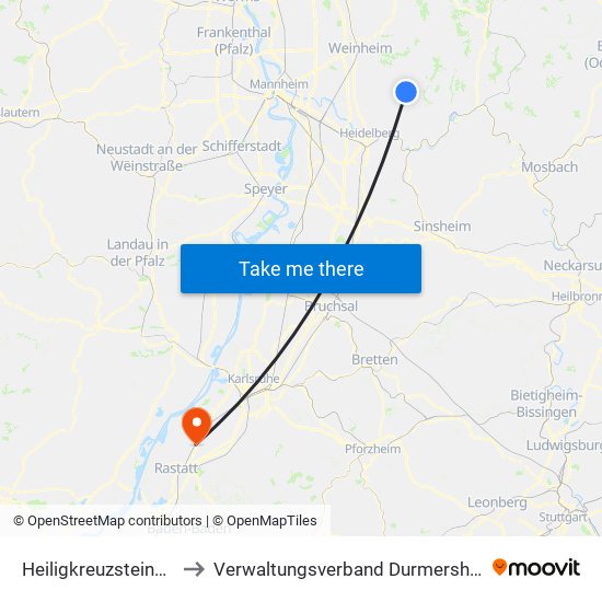 Heiligkreuzsteinach to Verwaltungsverband Durmersheim map