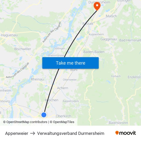 Appenweier to Verwaltungsverband Durmersheim map