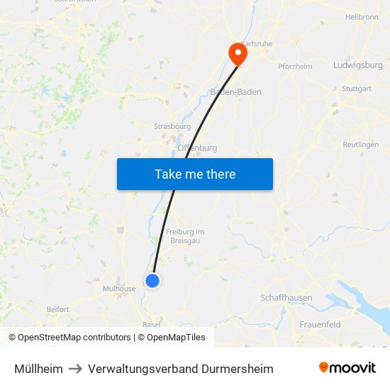 Müllheim to Verwaltungsverband Durmersheim map