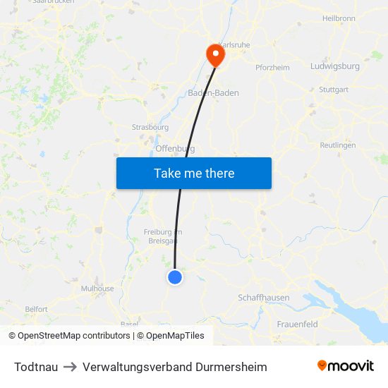 Todtnau to Verwaltungsverband Durmersheim map