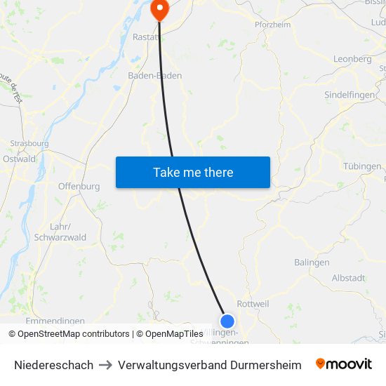 Niedereschach to Verwaltungsverband Durmersheim map