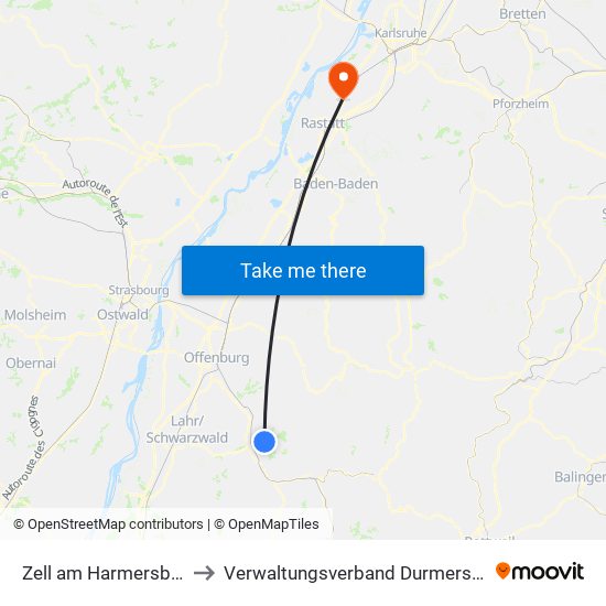 Zell am Harmersbach to Verwaltungsverband Durmersheim map